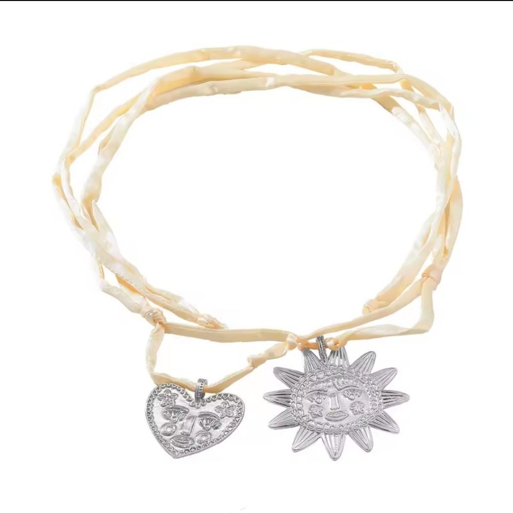 Zara Double heart sun satin cord necklace In Cream & Silver | NWOT